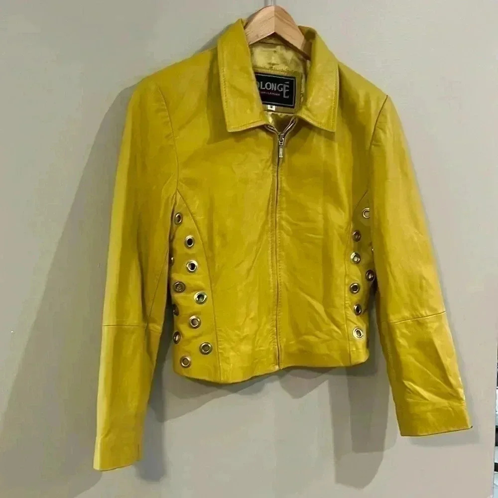 [M]Vintage  PLONGE Yellow Leather Cropped Women Jacket with Eyelet around Waist